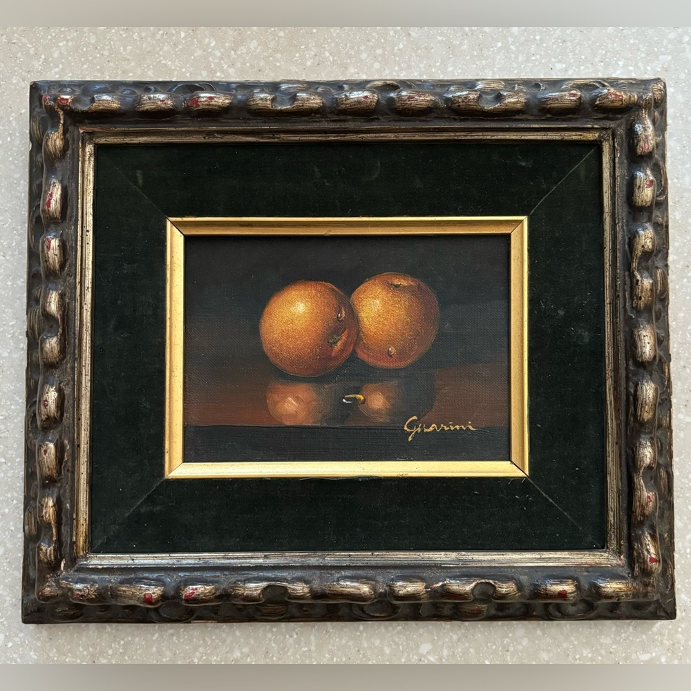 Original Painting Fruit Orange Dark Green Distressed Vintage Styled Mat Frame